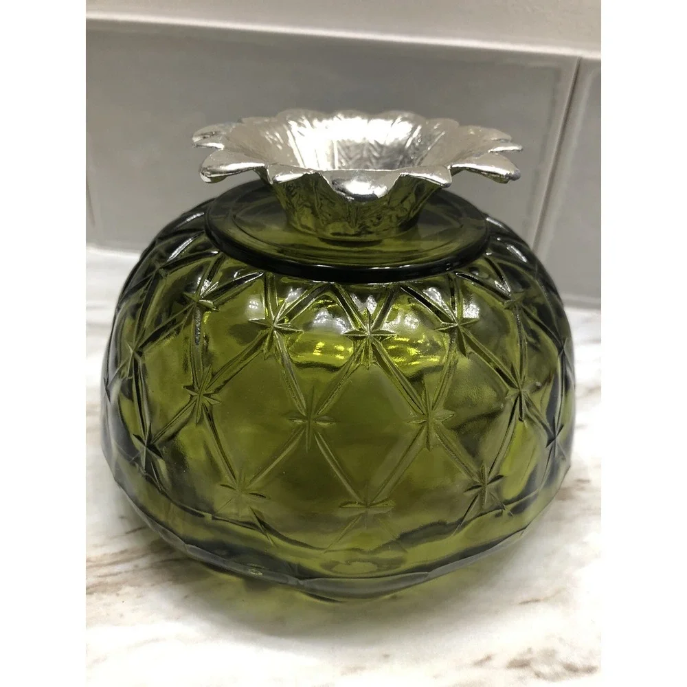Vintage 1960s Indiana Glass Bowl‎ Quilted Duette Pattern Bowl Metal Pedestal.